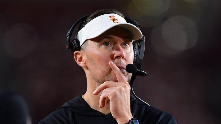Nov 7, 2025; Los Angeles, California, USA; Southern California Trojans head coach Lincoln Riley watches game action against the Northwestern Wildcats during the second half at the Los Angeles Memorial Coliseum. Mandatory Credit: Gary A. Vasquez-Imagn Images