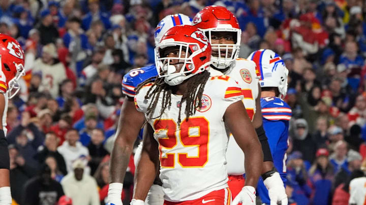 Nov 2, 2025; Orchard Park, New York, USA; Kansas City Chiefs running back Kareem Hunt (29) celebrates a touchdown in the second half at Highmark Stadium. Mandatory Credit: Gregory Fisher-Imagn Images