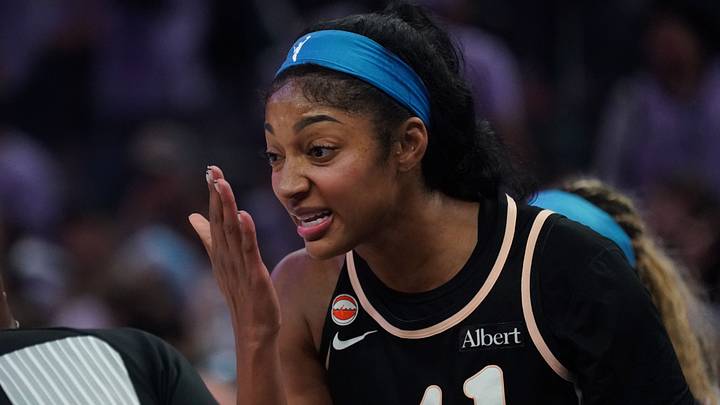 Oct 26, 2026; San Francisco, California, USA;  Atlanta Dream forward Angel Reese (5) talks with referee Randy Richardson (11) during the game against the Golden State Valkyries in the third quarter of game five of the 2026 WNBA Finals at Chase Center.  Mandatory Credit: David Gonzales-Imagn Images