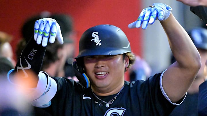 May 4, 2026; Anaheim, California, USA;  Chicago White Sox first baseman Munetaka Murakami (5) celebrates in the dugout after hitting a two-run home run in the fourth inning against the Los Angeles Angels at Angel Stadium. Mandatory Credit: Jayne Kamin-Oncea-Imagn Images