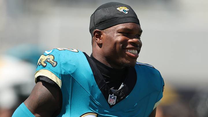 Sep 27, 2026; Jacksonville, Florida, USA;  Jacksonville Jaguars wide receiver Travis Hunter (12) runs out for player introductions prior to a game against the New England Patriots at EverBank Stadium.  
