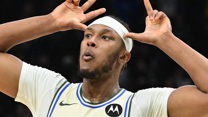 Milwaukee Bucks center Myles Turner (3) reacts after scoring a basket in the 4th quarter against the Philadelphia 76ers at Fiserv Forum on November 20, 2025.