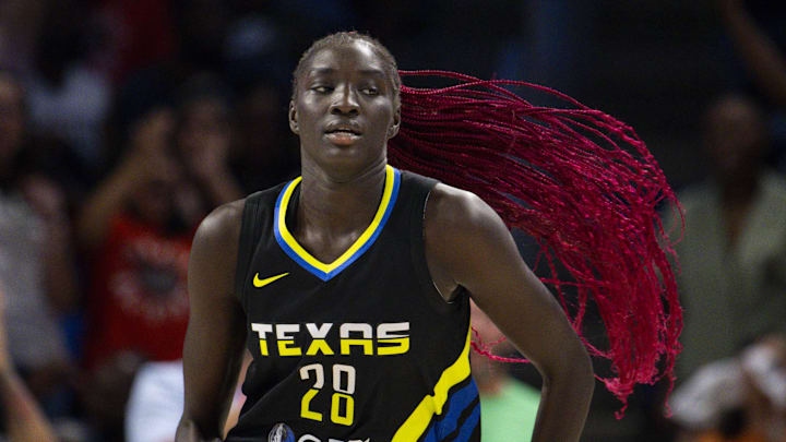 Sep 29, 2023; Arlington, Texas, USA; Dallas Wings center Awak Kuier (28) runs back up the court during the second half against the Las Vegas Aces during game three of the 2023 WNBA Playoffs at College Park Center. Mandatory Credit: Jerome Miron-Imagn Images