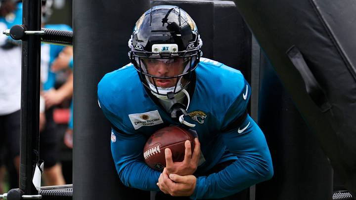 Jacksonville Jaguars wide receiver Parker Washington (11) runs through a blast machine during the fifth day of NFL training camp at the Miller Electric Center on Monday, Aug. 3, 2026, in Jacksonville, Fla. Today marked the first full‑pads practice.