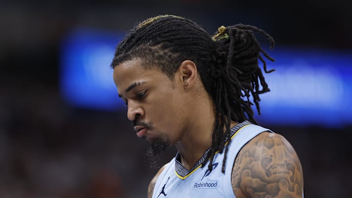 Apr 20, 2025; Oklahoma City, Oklahoma, USA; Memphis Grizzlies guard Ja Morant (12) walks off the court during the second half of a game against the Oklahoma City Thunder at Paycom Center. Mandatory Credit: Alonzo Adams-Imagn Images