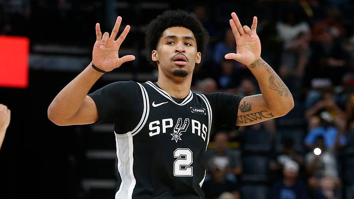 Mar 25, 2026; Memphis, Tennessee, USA; San Antonio Spurs guard Dylan Harper (2) reacts during the first quarter against the Memphis Grizzlies at FedExForum. Mandatory Credit: Petre Thomas-Imagn Images