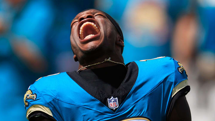 Jacksonville Jaguars wide receiver Travis Hunter (12) yells as his is introduced before an NFL football matchup at EverBank Stadium, Sunday, Sept. 21, 2025, in Jacksonville, Fla. 