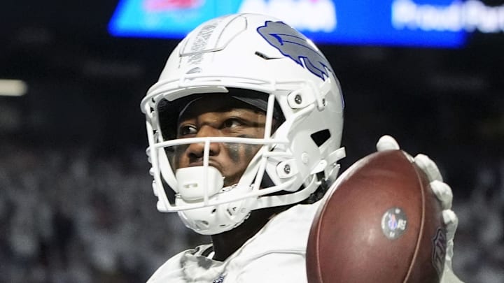 Oct 5, 2025; Orchard Park, New York, USA; Buffalo Bills wide receiver Curtis Samuel (1) scores a touchdown against the New England Patriots during the second half at Highmark Stadium. Mandatory Credit: Gregory Fisher-Imagn Images