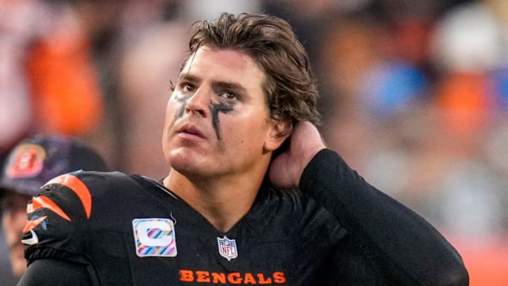 Cincinnati Bengals defensive end Trey Hendrickson watches a replay