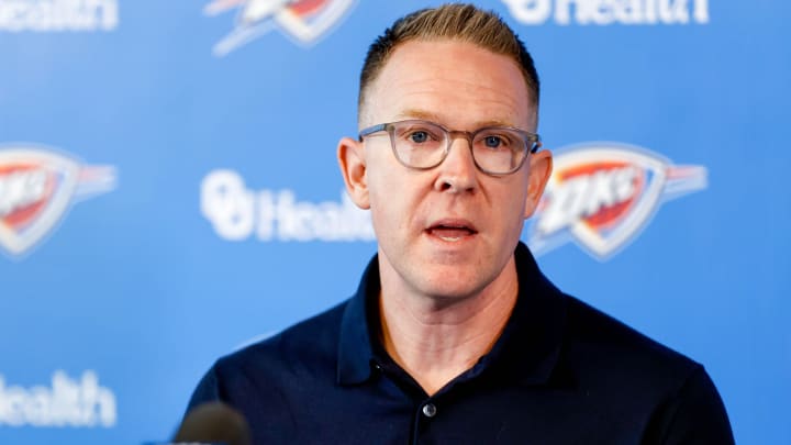 Sam Presti speaks to the press in Oklahoma City, on Tuesday, May 28, 2024. Sam Presti speaks to the press in Oklahoma City, on Tuesday, May 28, 2024.