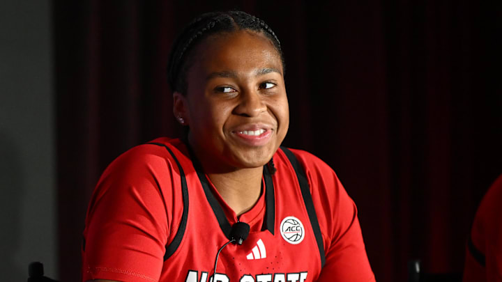 Oct 6, 2025; Charlotte, NC, USA; North Carolina State player Zoe Brooks reacts to a question from the media at The Hilton Charlotte Uptown. Mandatory Credit: William Howard-Imagn Images Oct 6, 2025; Charlotte, NC, USA; North Carolina State player Zoe Brooks reacts to a question from the media at The Hilton Charlotte Uptown. Mandatory Credit: William Howard-Imagn Images