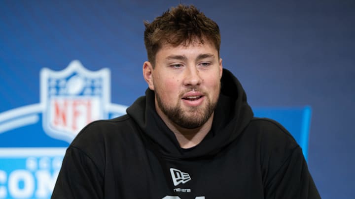 Feb 28, 2026; Indianapolis, IN, USA; Georgia offensive lineman Monroe Freeling (OL24) speaks to members of the media during the NFL Combine at the Indiana Convention Center. Mandatory Credit: Jacob Musselman-Imagn Images