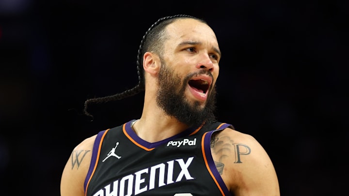 Apr 27, 2026; Phoenix, Arizona, USA; Phoenix Suns forward Dillon Brooks (3) against the Oklahoma City Thunder during game four of the first round of the 2026 NBA Playoffs at Mortgage Matchup Center. Mandatory Credit: Mark J. Rebilas-Imagn Images
