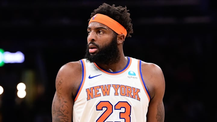 Dec 8, 2023; Boston, Massachusetts, USA;  New York Knicks center Mitchell Robinson (23) looks on during the first half against the Boston Celtics at TD Garden. Mandatory Credit: Eric Canha-Imagn Images