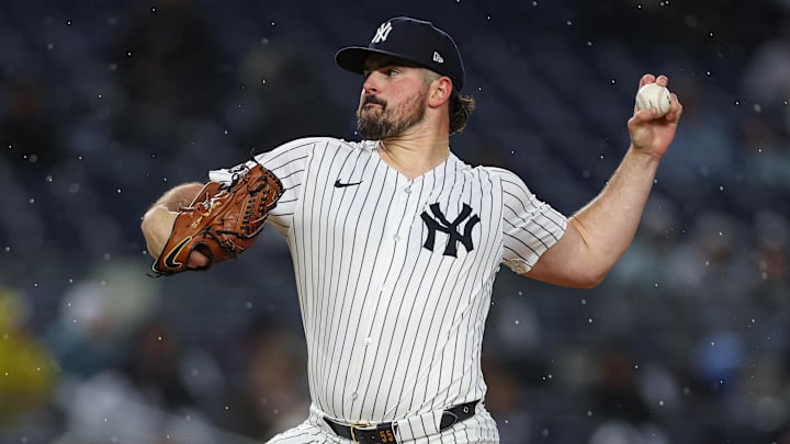 Apr 2, 2025; Bronx, New York, USA; New York Yankees starting pitcher Carlos Rodon (55) delivers a pitch during the first inning against the Arizona Diamondbacks at Yankee Stadium. 
