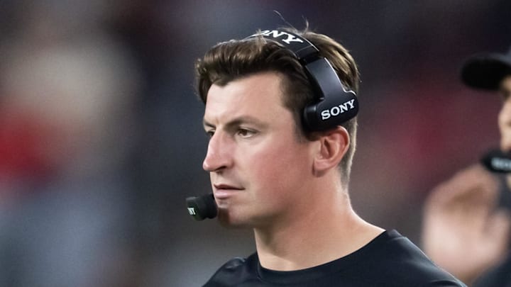 Nov 23, 2025; Glendale, Arizona, USA; Jacksonville Jaguars offensive coordinator Grant Udinski against the Arizona Cardinals at State Farm Stadium. Mandatory Credit: Mark J. Rebilas-Imagn Images