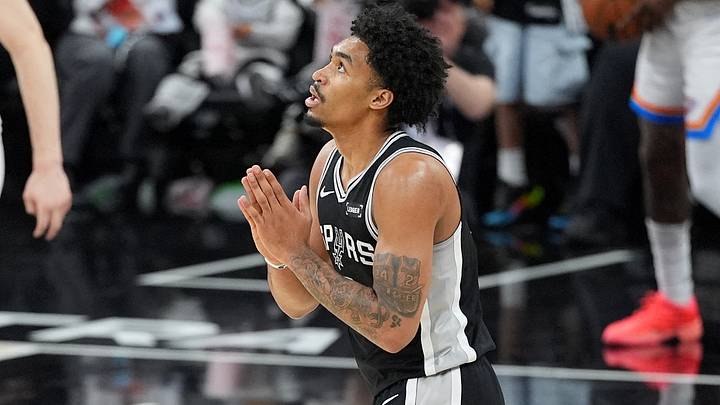 May 28, 2026; San Antonio, Texas, USA; San Antonio Spurs guard Dylan Harper (2) reacts against the Oklahoma City Thunder in the first half during game six of the western conference finals for the 2026 NBA playoffs at Frost Bank Center. Mandatory Credit: Daniel Dunn-Imagn Images
