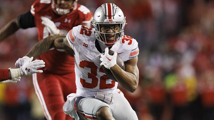 Oct 28, 2023; Madison, Wisconsin, USA;  Ohio State Buckeyes running back TreVeyon Henderson (32) during the game against the Wisconsin Badgers at Camp Randall Stadium. Mandatory Credit: Jeff Hanisch-Imagn Images