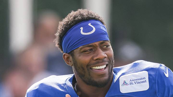 Indianapolis Colts defensive end Arden Key walks up the field