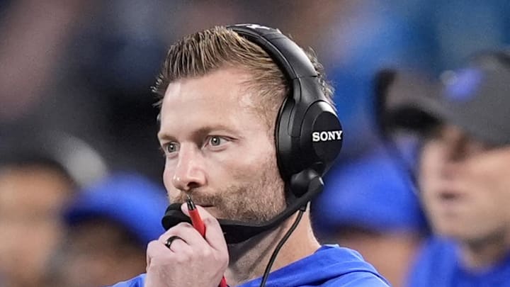 Jan 10, 2026; Charlotte, NC, USA; Los Angeles Rams head coach Sean McVay in the first half during the NFC Wild Card Round game at Bank of America Stadium. Mandatory Credit: Jim Dedmon-Imagn Images