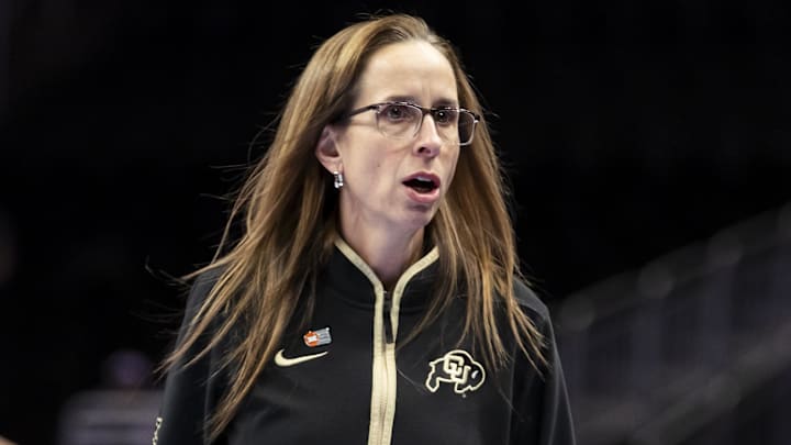Mar 6, 2026; Kansas City, MO, USA; Colorado Buffaloes head coach JR Payne reacts to a play against the Baylor Bears during the first half at T-Mobile Center.