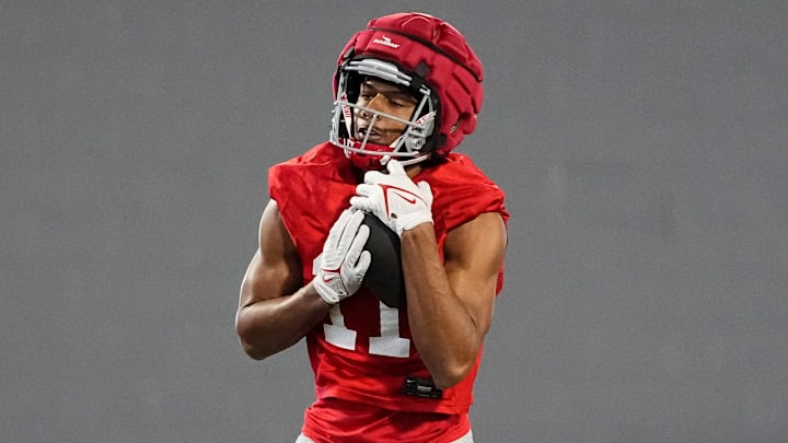 Ohio State Buckeyes wide receiver Quincy Porter (11) catches a ball during spring football practice at the Woody Hayes Athletic Center on March 17, 2025. Ohio State Buckeyes wide receiver Quincy Porter (11) catches a ball during spring football practice at the Woody Hayes Athletic Center on March 17, 2025.