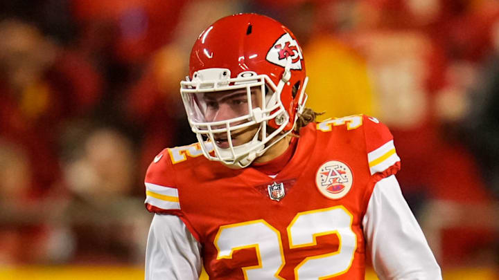 Dec 5, 2021; Kansas City, Missouri, USA; Kansas City Chiefs safety Tyrann Mathieu (32) gets ready before the snap against the Denver Broncos during the second half at GEHA Field at Arrowhead Stadium. Mandatory Credit: Jay Biggerstaff-Imagn Images