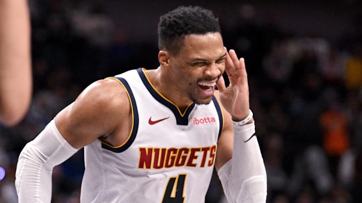 Jan 12, 2025; Dallas, Texas, USA; Denver Nuggets guard Russell Westbrook (4) motions to the Dallas Mavericks fans after he scores on a layup during the second half at the American Airlines Center. Mandatory Credit: Jerome Miron-Imagn Images Jan 12, 2025; Dallas, Texas, USA; Denver Nuggets guard Russell Westbrook (4) motions to the Dallas Mavericks fans after he scores on a layup during the second half at the American Airlines Center. Mandatory Credit: Jerome Miron-Imagn Images