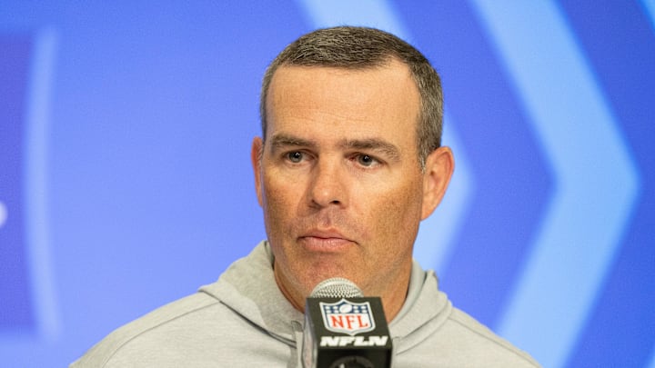 Feb 27, 2024; Indianapolis, IN, USA; Buffalo Bills general manager Brandon Beane talks to the media at the 2024 NFL Combine at Indiana Convention Center. Mandatory Credit: Trevor Ruszkowski-Imagn Images