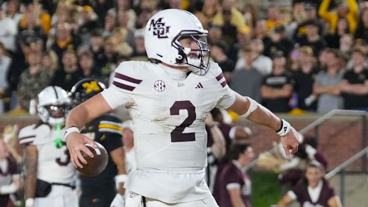 Mississippi State Bulldogs quarterback Blake Shapen (2) celebrates after scoring a touchdown against the Missouri Tigers during the second half of the game at Faurot Field at Memorial Stadium.