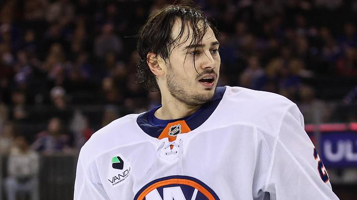 Nov 8, 2025; New York, New York, USA;  New York Islanders defenseman Alexander Romanov (28) at Madison Square Garden. Mandatory Credit: Wendell Cruz-Imagn Images