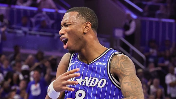 Apr 27, 2026; Orlando, Florida, USA; Orlando Magic forward Jamal Cain (8) reacts after dunking the ball during the second half against the Detroit Pistons during game four of the first round of the 2026 NBA Playoffs at Kia Center. Mandatory Credit: Mike Watters-Imagn Images