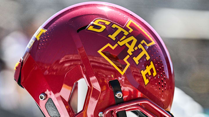 Sep 7, 2024; Iowa City, Iowa, USA; An Iowa State Cyclones helmet sits on the sidelines before the game against the Iowa Hawkeyes at Kinnick Stadium. 