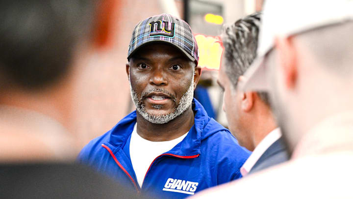 New York Giants cornerbacks coach Jeff Burris speaks at a press conference.