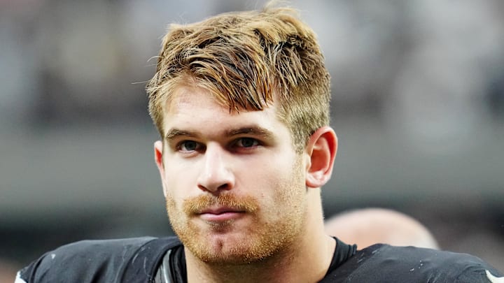 Oct 12, 2025; Paradise, Nevada, USA; Las Vegas Raiders tight end Michael Mayer (87) reacts after the game against the Tennessee Titans at Allegiant Stadium. Mandatory Credit: Stephen R. Sylvanie-Imagn Images