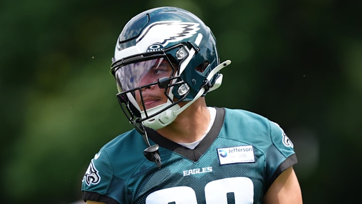 Jun 10, 2025; Philadelphia, PA, USA; Philadelphia Eagles wide receiver Johnny Wilson (89) looks on during a practice drill at NovaCare Complex. Mandatory Credit: Kyle Ross-Imagn Images
