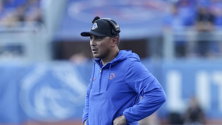 Oct 7, 2023; Boise, Idaho, USA; Boise State Broncos head coach Andy Avalos during the first half against the San Jose State Spartans at Albertsons Stadium. Mandatory Credit: Brian Losness-Imagn Images


