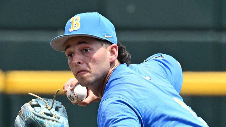 Jun 14, 2025; Omaha, Neb, USA; UCLA Bruins shortstop Roch Cholowsky (1) completes a double play against the Murray State Racers during the second inning at Charles Schwab Field. Mandatory Credit: Steven Branscombe-Imagn Images Jun 14, 2025; Omaha, Neb, USA; UCLA Bruins shortstop Roch Cholowsky (1) completes a double play against the Murray State Racers during the second inning at Charles Schwab Field. Mandatory Credit: Steven Branscombe-Imagn Images