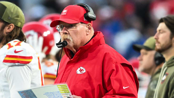 Nov 2, 2025; Orchard Park, New York, USA; Kansas City Chiefs head coach Andy Reid looks on in the second quarter against the Buffalo Bills at Highmark Stadium. Mandatory Credit: Mark Konezny-Imagn Images Nov 2, 2025; Orchard Park, New York, USA; Kansas City Chiefs head coach Andy Reid looks on in the second quarter against the Buffalo Bills at Highmark Stadium. Mandatory Credit: Mark Konezny-Imagn Images