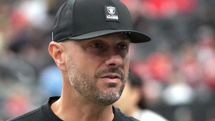 Jan 4, 2026; Paradise, Nevada, USA; Las Vegas Raiders general manager John Spytek reacts during the game against the Kansas City Chiefs at Allegiant Stadium. Mandatory Credit: Kirby Lee-Imagn Images