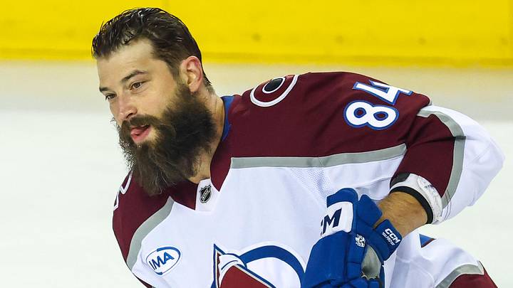 Apr 14, 2026; Calgary, Alberta, CAN; Colorado Avalanche defenseman Brent Burns (84) skates during the warmup period against the Calgary Flames at Scotiabank Saddledome. Mandatory Credit: Sergei Belski-Imagn Images