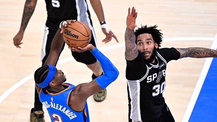 May 30, 2026; Oklahoma City, Oklahoma, USA; Oklahoma City Thunder guard Shai Gilgeous-Alexander (2) shoots against San Antonio Spurs forward Julian Champagnie (30) in the second quarter during game seven of the western conference finals for the 2026 NBA playoffs at Paycom Center. Mandatory Credit: Jerome Miron-Imagn Images May 30, 2026; Oklahoma City, Oklahoma, USA; Oklahoma City Thunder guard Shai Gilgeous-Alexander (2) shoots against San Antonio Spurs forward Julian Champagnie (30) in the second quarter during game seven of the western conference finals for the 2026 NBA playoffs at Paycom Center. Mandatory Credit: Jerome Miron-Imagn Images