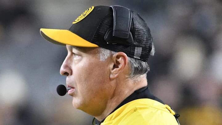 Dec 7, 2023; Pittsburgh, Pennsylvania, USA;  Pittsburgh Steelers quarterbacks coach Mike Sullivan calls a play against the New England Patriots during the second quarter at Acrisure Stadium. Mandatory Credit: Philip G. Pavely-Imagn Images