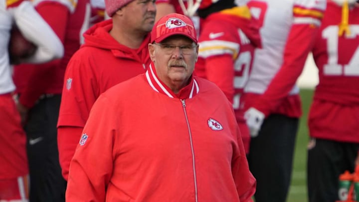 Nov 3, 2023; Frankfurt, Germany; Kansas City Chiefs coach Andy Reid during practice at DFB Campus. Mandatory Credit: Kirby Lee-Imagn Images