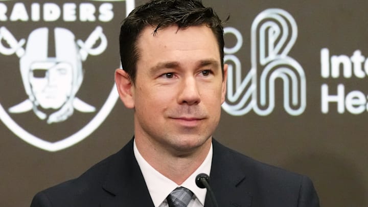 Feb 10, 2026; Henderson, NV, USA; Las Vegas Raiders coach Klint Kubiak speaks at introductory press conference at Intermountain Health Performance Center. Mandatory Credit: Kirby Lee-Imagn Images