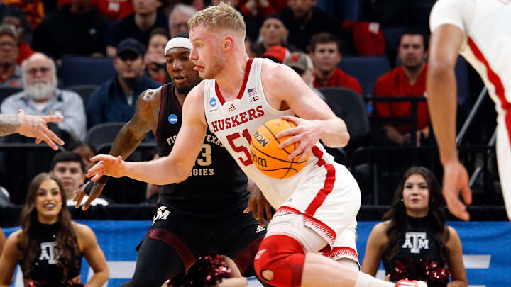 Nebraska forward Rienk Mast drives to the basket during an NCAA Tournament game against Texas A&M in March 2024.