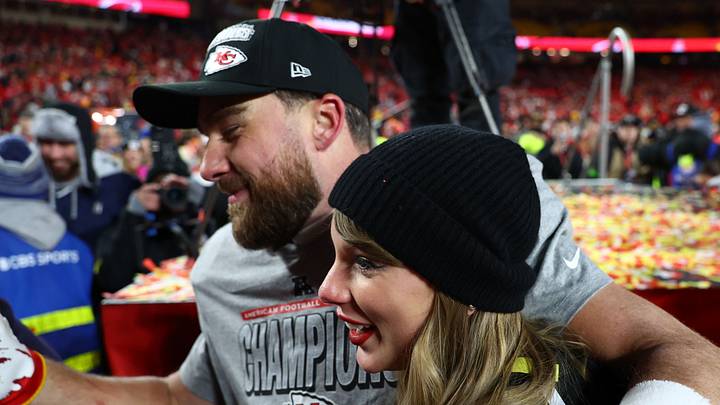 Jan 26, 2025; Kansas City, MO, USA; Recording artist Taylor Swift and Kansas City Chiefs tight end Travis Kelce (87) react after the AFC Championship game against the Buffalo Bills at GEHA Field at Arrowhead Stadium. Jan 26, 2025; Kansas City, MO, USA; Recording artist Taylor Swift and Kansas City Chiefs tight end Travis Kelce (87) react after the AFC Championship game against the Buffalo Bills at GEHA Field at Arrowhead Stadium.