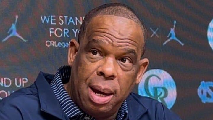 UNC basketball coach Hubert Davis during a press conference on Friday, Feb. 20, inside the Smith Center media room.