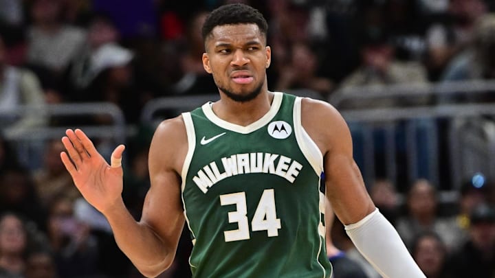 Nov 10, 2024; Milwaukee, Wisconsin, USA; Milwaukee Bucks forward Giannis Antetokounmpo (34) reacts in the fourth quarter against the Boston Celtics at Fiserv Forum. Mandatory Credit: Benny Sieu-Imagn Images Nov 10, 2024; Milwaukee, Wisconsin, USA; Milwaukee Bucks forward Giannis Antetokounmpo (34) reacts in the fourth quarter against the Boston Celtics at Fiserv Forum. Mandatory Credit: Benny Sieu-Imagn Images
