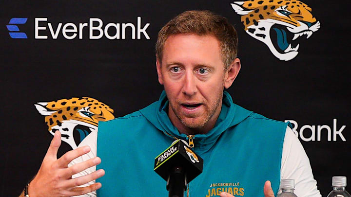 Jacksonville Jaguars head coach Liam Coen talked about the upcoming NFL draft during the annual pre-draft luncheon press conference in the media room at the Miller Electric Center Thursday April 9, 2026. [Doug Engle/Florida Times-Union]